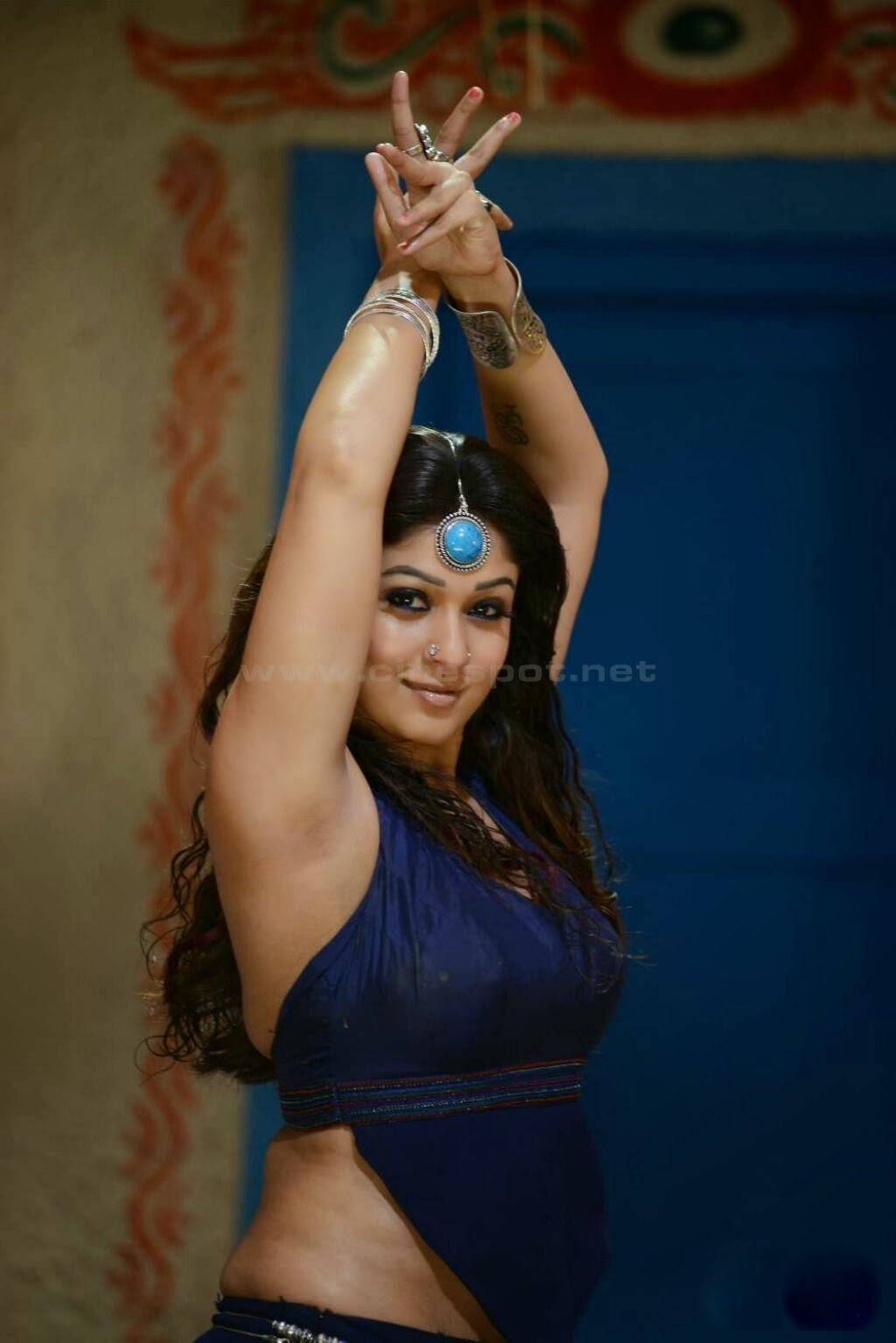 Nayantara in Greeku Veerudu movie hot dance in blue dress, nayantara sexy arm, nayantara hot sexy photos, 