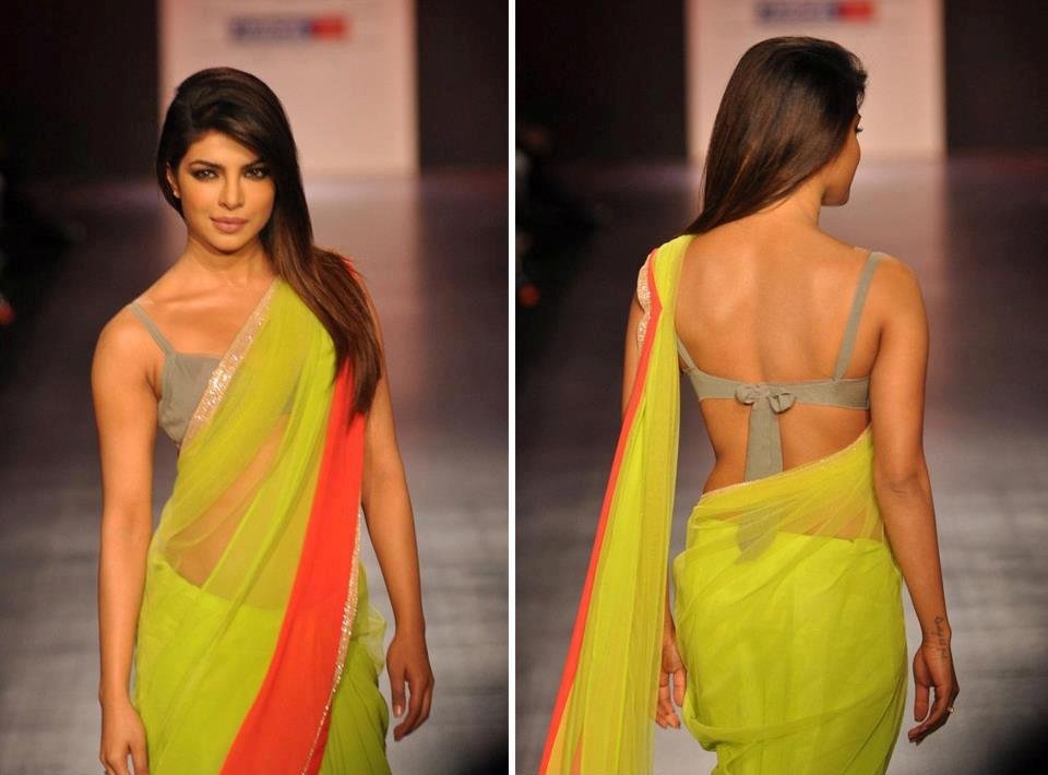 Priyanka Chopra in Yellow Saree & Grey Sleeveless Blouse on Ramp in Fashion Show