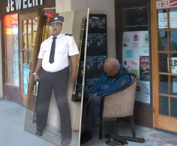 security guy sleeping funny